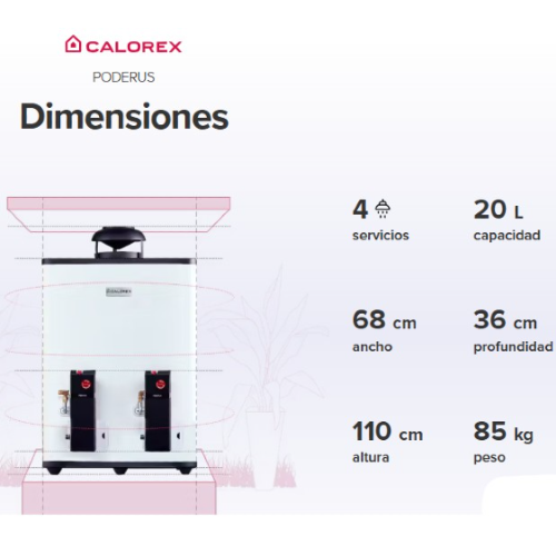 CALENTADOR DE PASO PODERUS 20L GAS LP 4 SERVICIOS CALOREX