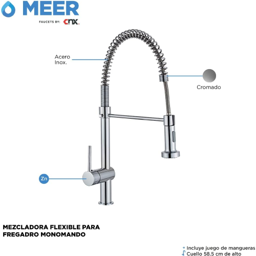 MONOMANDO FREGADERO CUELLO FLEXIBLE ALTO ACERO INOX MEER CNX