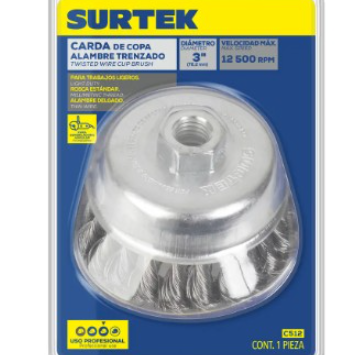 CARDA COPA TRENZADA ALAMBRE DELGADO 3" X 0.35 MM CON ROSCA 5/8" SURTEK